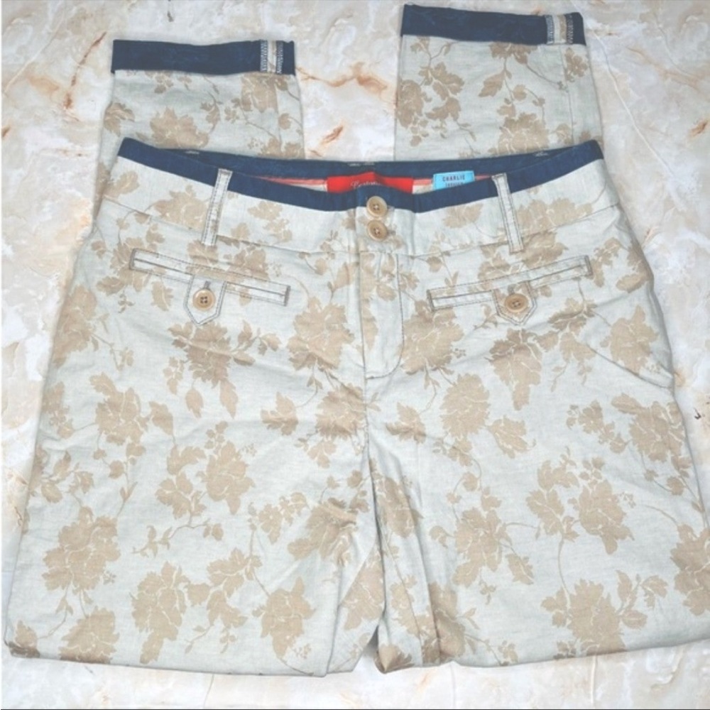 Cartonnier Pants Charlie Trousers Cream with Beige Tan Floral Design 4